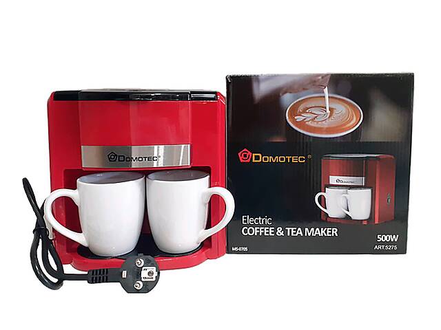 Кофеварка капельная + 2 керамические чашки Domotec MS-0705 красная 500W (MS-0705_2683)