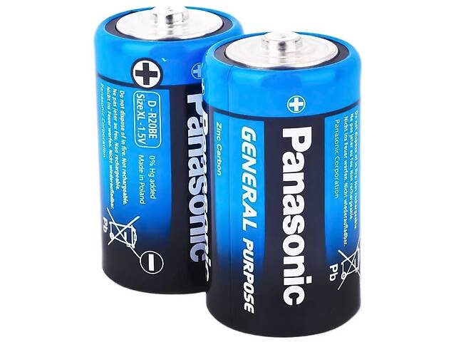 Panasonic Батарейка GENERAL PURPOSE вугільна-цинкова D(R20) плівка, 2 шт.