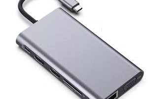 Переходник Lucom USB Type-C-HDMI +VGA + Type-C PowerDelivery 87W 4xUSB +RJ45 +Cardreader Серебрянный (62.09.8375)