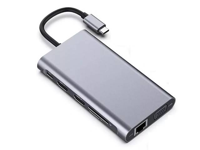 Переходник Lucom USB Type-C-HDMI +VGA + Type-C PowerDelivery 87W 4xUSB +RJ45 +Cardreader Серебрянный (62.09.8375)