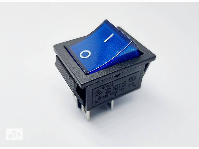 Переключатель клавишный KCD2-201N, с подсветкой, 2 группы, ON-OFF, 4 pin, 16A 250VAC, синий