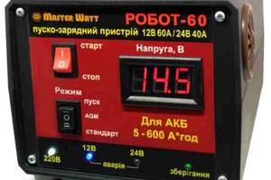 Пуско-зарядное ЗУ РОБОТ-60 для аккумуляторов 12/24V (5-600Ah) (MF, WET,AGM,GEL,CA/CA), 160-245V,Ток заряда 40А, кроко...