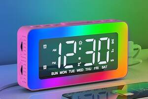 Розовые Будильник прикроватный, цифровой будильник с ночной подсветкой RGB, прикроватные часы со светодиодной