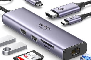 USB-хаб Ugreen CM512 USB Type-C to 2xUSB3.0+HDMI+RJ45+SD&TF +PD Port Converter Gray