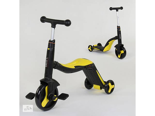 Детский самокат-велобег-велосипед 3 в 1 JT 10993 со световыми и звуковыми эффектами (8 песен), желтый