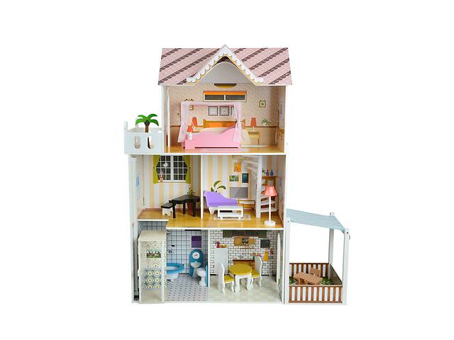 Деревянный кукольный домик для Барби FunFit Kids 3045 + тераса + 2 куклы Купи уже сегодня!