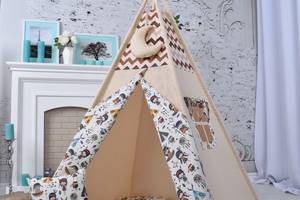 Детская Палатка домик бежевая с мягким ковриком и подушкой Wigwamhome 110х110х180 см Подвеска месяц