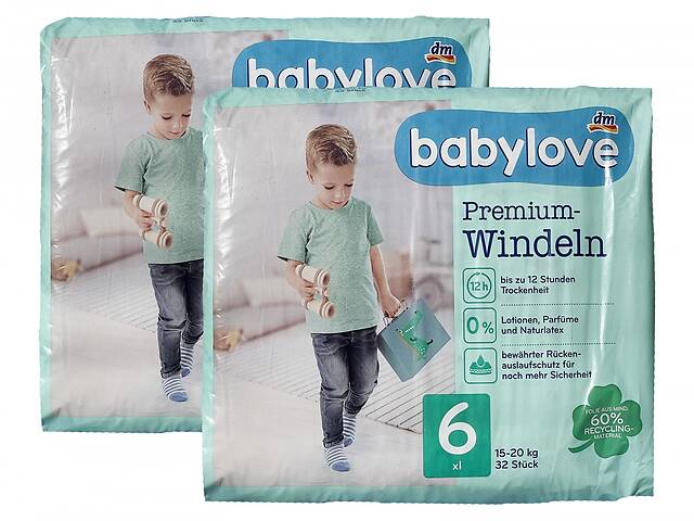 Детские одноразовые подгузники Babylove Premium 6 XL 15-20 кг 64 шт