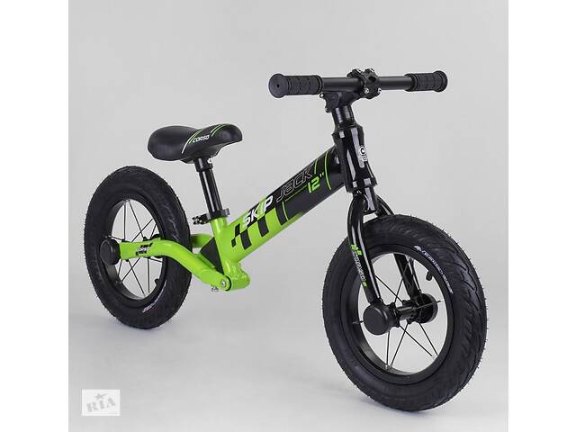 Детский велобег двухколесный с алюминиевой рамой и амортизатором Corso 'Skip Jack' 95112, черно-зеленый