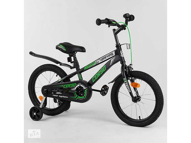 Детский велосипед ручной тормоз доп колеса CORSO 16' Black and Green