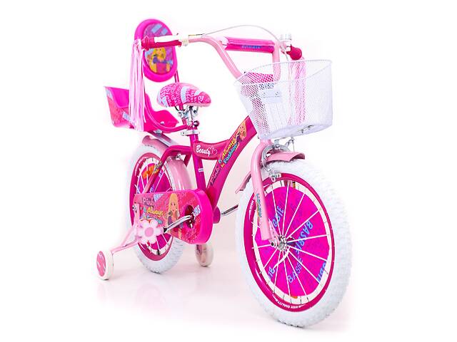 Детский велосипед Rueda BARBIE 18 дюймов БАРБИ с корзинкой и боковыми колесами от 6 лет Розовый