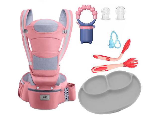 Хипсит Эрго-рюкзак кенгуру переноска ложка-вилка с тарелкой и детский ниблер Baby Carrier 6 в 1 20 кг Розовый (vol-2002)