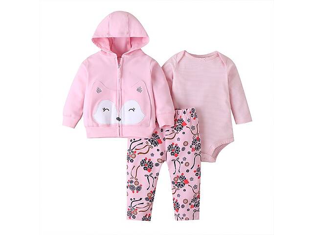 Комплект для девочки 3 в 1: боди c длинным рукавом в полоску, штаны и кофта с капюшоном на молнии розовый Fox Berni Kids