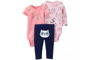 Комплект для девочки 3 в 1: боди c коротким рукавом, боди с длинным рукавом, штаны розовый с синим Panda Carter's