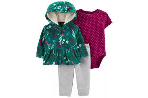 Комплект для девочки 3 в 1 утепленный: боди c коротким рукавом в горох, штаны и кофта с капюшоном зеленый с бордовым...