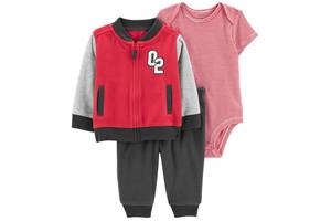 Комплект для мальчика 3 в 1 флисовый: боди c коротким рукавом, штаны и кофта серый с красным Football player Carter's