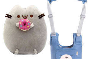 Мягкая игрушка кот c Пончиком и детские вожжи-ходунки с подкладками S&T Пушин кэт 18 х 15 см Серый (n-2058)