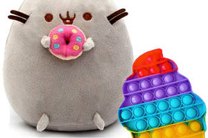 Мягкая игрушка кот c Пончиком и Pop it мороженое S&T Пушин кэт 18 х 15 см Серый/Розовый (vol-2038)