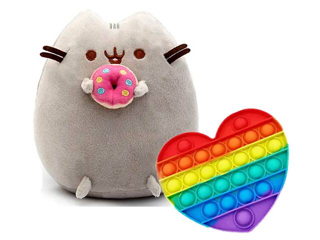 Мягкая игрушка кот c Пончиком и Pop it Сердечко S&T Пушин кэт 18 х 15 см Серый/Розовый (n-2037)