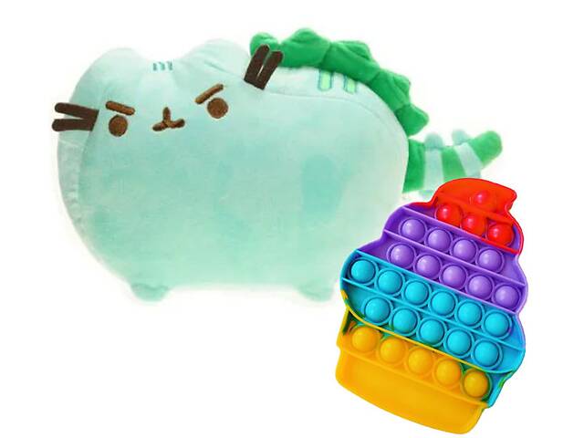 Мягкая игрушка кот-дракон Пушин кэт и игрушка антистресс Pop It мороженое S&T 18х15х12 см Серый (vol-1795)