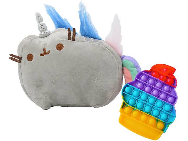 Мягкая игрушка кот-единорог радуга Пушин кэт и игрушка антистресс Pop It мороженое S&T 18х15х12 см Серый (n-1797)