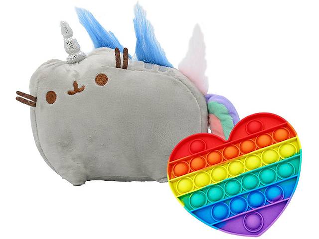 Мягкая игрушка кот-единорог радуга Пушин кэт и игрушка антистресс Pop It сердечко S&T 18х15х12 см Серый (vol-1798)