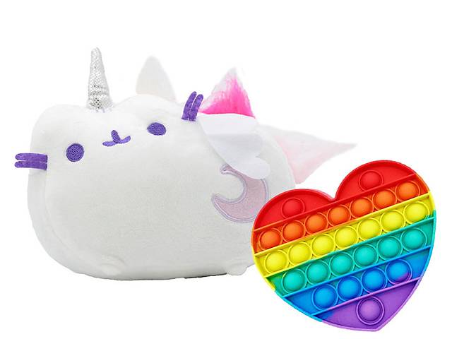 Мягкая игрушка кот лунный единорог Пушин кэт и игрушка антистресс Pop It сердечко S&T 18х15х12 см Серый (vol-1799)