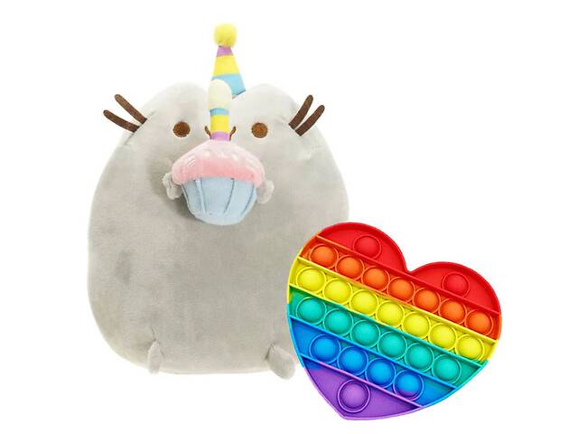 Мягкая игрушка кот с кексом Пушин кэт и игрушка антистресс Pop It сердечко S&T 18 х 15 см Серый (vol-1803)