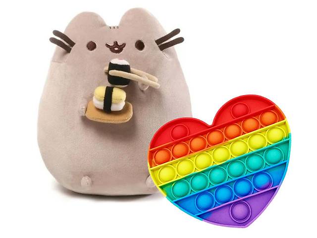 Мягкая игрушка кот с суши Пушин кэт и игрушка антистресс Pop It сердечко S&T 18 х 15 см Серый (vol-1801)