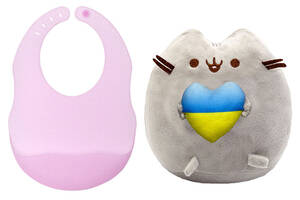 Мягкая игрушка Pusheen cat S&T с сердцем и Полупросрачный силиконовый слюнявчик Розовый (vol-10579)