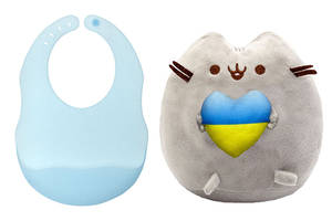 Мягкая игрушка Pusheen cat S&T с сердцем и Полупрозрачный силиконовый слюнявчик Голубой (vol-10578)