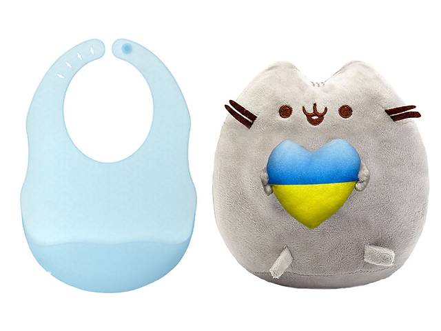 Мягкая игрушка Pusheen cat S&T с сердцем и Полупрозрачный силиконовый слюнявчик Голубой (vol-10578)