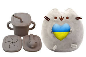 Мягкая игрушка Pusheen cat S&T с сердцем и Поильник-непроливайка мишка силиконовый Какао (n-10566)