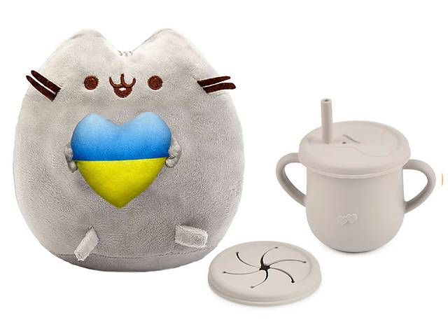 Мягкая игрушка Pusheen cat S&T с сердцем и Поильник-непроливайка Y20 силиконовый Серый (vol-10562)