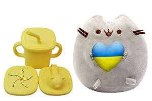 Мягкая игрушка Pusheen cat S&T с сердцем и Поильник-непроливайка мишка силиконовый Желтый (vol-10564)