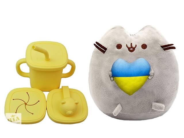 Мягкая игрушка Pusheen cat S&T с сердцем и Поильник-непроливайка мишка силиконовый Желтый (vol-10564)