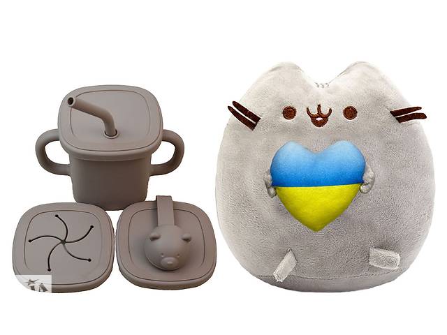Мягкая игрушка Pusheen cat S&T с сердцем и Поильник-непроливайка мишка силиконовый Какао (vol-10566)