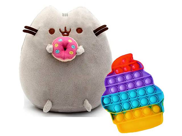 Мягкая игрушка S&T кот c Пончиком Пушин кэт 23 х 25 см Серый и Pop it мороженое Разноцветный (v-11227)