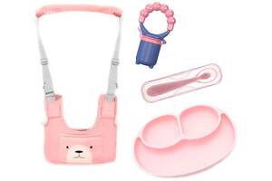 Набор детские вожжи-ходунки 2Life эргономическая ложка с тарелкой Розовый и детский ниблер с насадкой (n-1988)