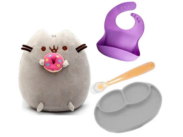 Набор мягкая игрушка кот c Пончиком и слюнявчик силиконовая тарелка и ложка S&T Пушин кэт 18 х 15 см Серый (vol-2040)