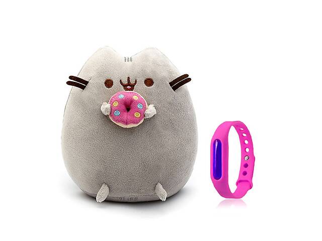 Набор Мягкая игрушка Pusheen cat с пончиком Gray и Детский силиконовый браслет от комаров (n-1087)