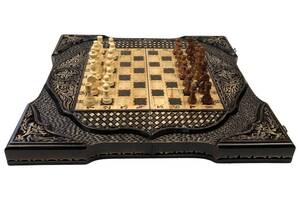 Набор шахматы шашки нарды из дерева с резьбой под стеклом Арбуз 60*30*10см 193300