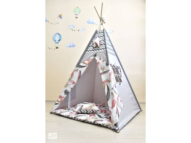 Палатка Вигвам Wigwamhome c красными перьями с матрасиком и подушкой 110*110*180 см