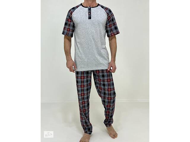 Пижама мужская Denis Triko футболка штаны в клетку 50-52 Серая 51654387-1