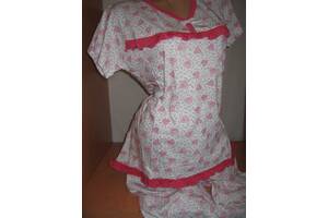 Пижама женская, 100% хлопок, пр-во Узбекистан, кофта с бриджами, р-р 50-52, белая в сердечках