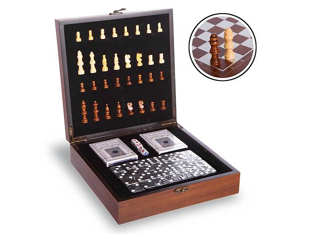 Шахи, доміно, карти 3 в 1 набір настільних ігор дерев'яні W2650 Brown (SP00070)