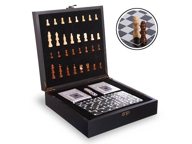 Шахи, доміно, карти 3 в 1 набір настільних ігор дерев'яні W2650 Black (SP00069)