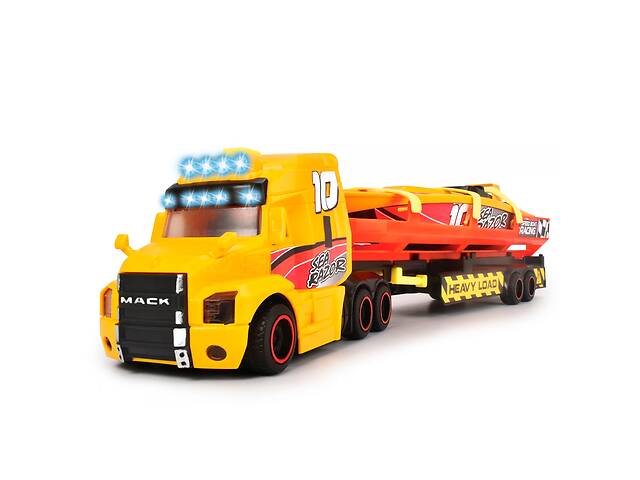 Игрушечный грузовик Dickie Toys Тягач Mack Перевозка катера с прицепом 41 см Оранжевый (IG-OL185859)