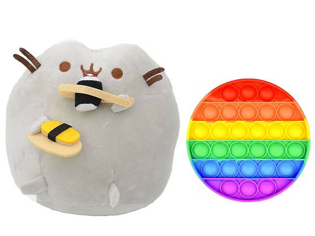 Игрушка мягкая кот с суши 18 х 15 см Пушин кэт Серый и игрушка антистресс Pop It круг (vol-1245)