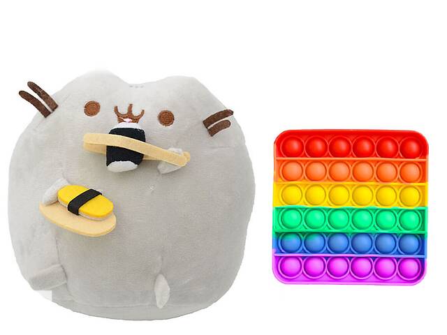 Игрушка мягкая кот с суши 18 х 15 см Пушин кэт Серый и игрушка антистресс Pop It квадрат (vol-1246)